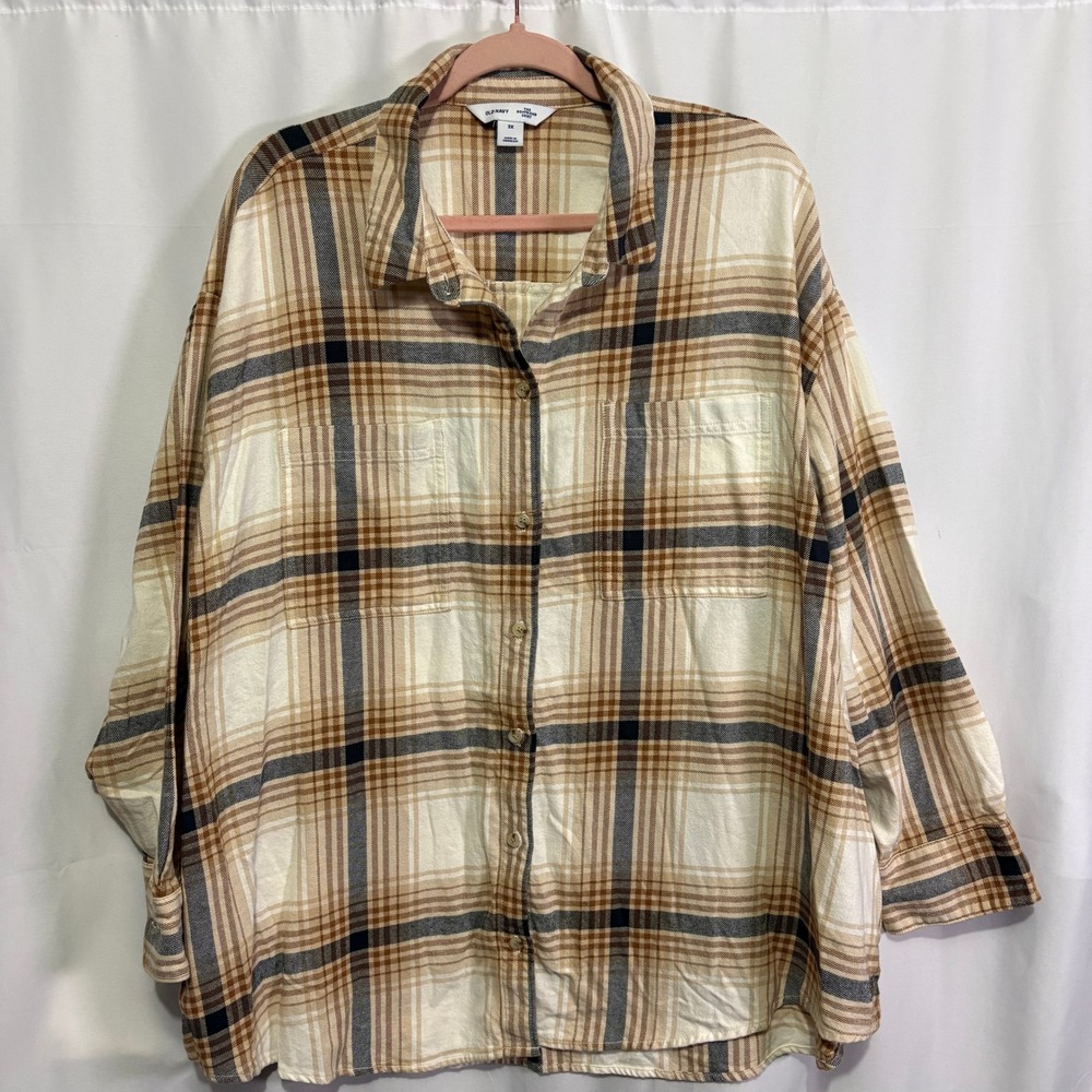Old Navy The Boyfriend Shirt 3X Cream Plaid Flannel Button Down Long Sleeve Top